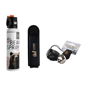 Ultimate balíček na medvědy - Bear spray 150 ml + pouzdro (150 ml, 200 ml) + rolnička